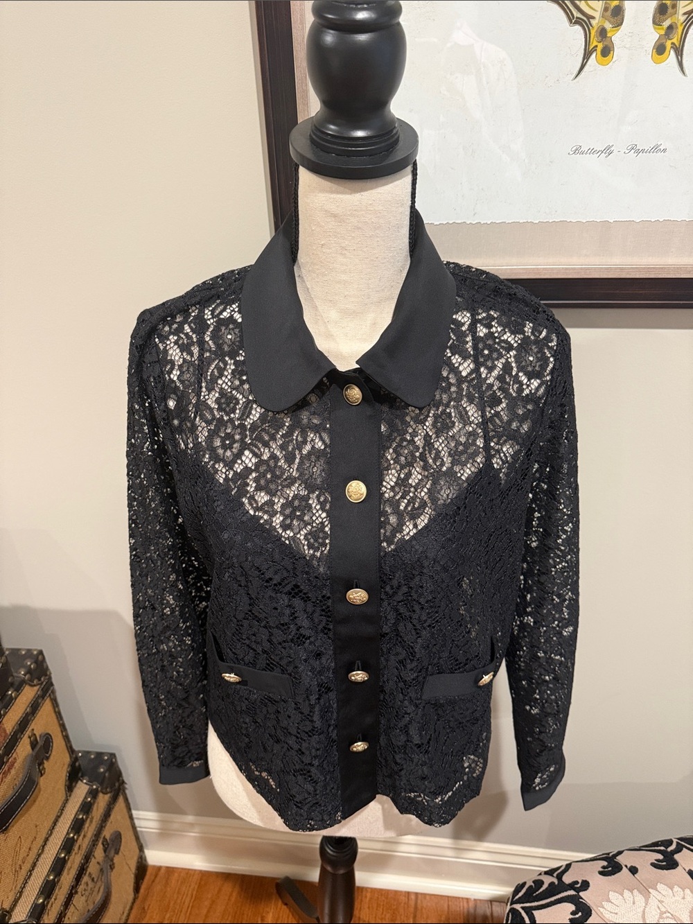 J. Crew Black Lace Button-Down Shirt with Gold Buttons